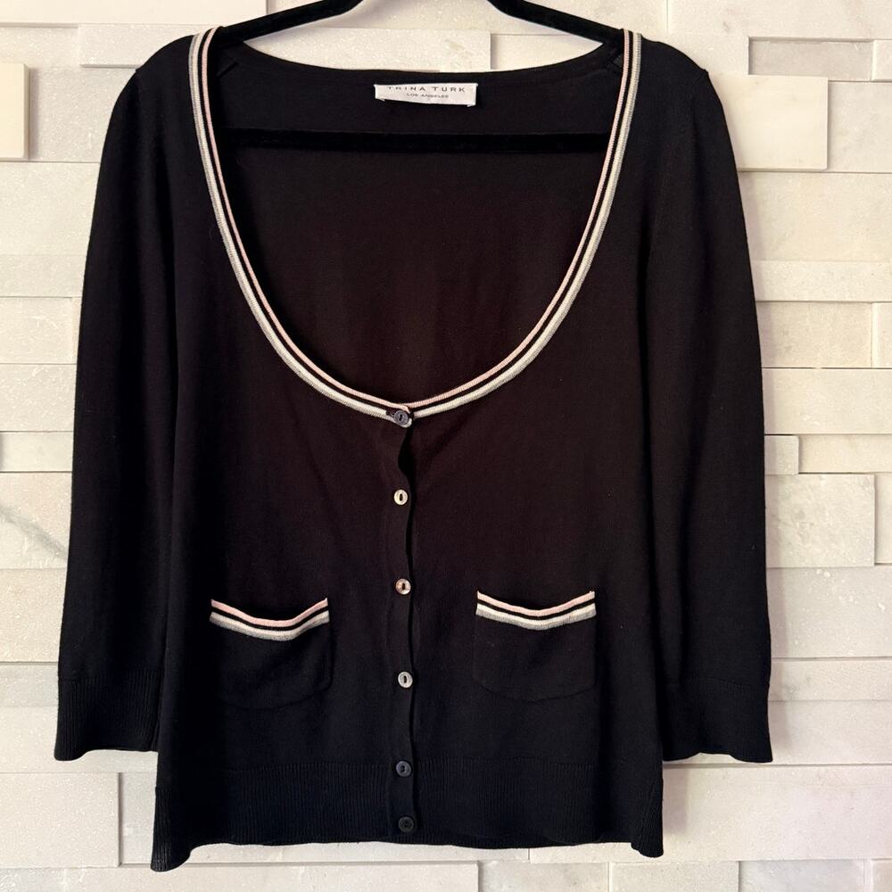 TRINA TURK Silk Cashmere Scoop Neck 3/4 Sleeve Cardigan Sweater M Preppy Black